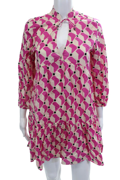 Zara Women Shirt Dress Beige Cotton 3/4 Sleeve Geometric Size XS