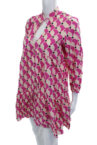 Zara Women Shirt Dress Beige Cotton 3/4 Sleeve Geometric Size XS
