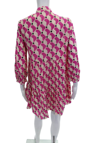 Zara Women Shirt Dress Beige Cotton 3/4 Sleeve Geometric Size XS