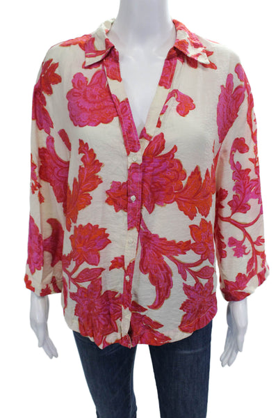 MNG Women Beige Floral Collared Button-Up Blouse 3/4 Sleeve Size 4