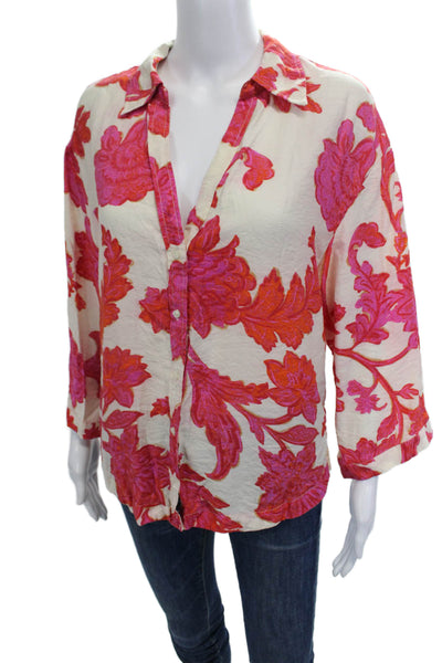 MNG Women Beige Floral Collared Button-Up Blouse 3/4 Sleeve Size 4