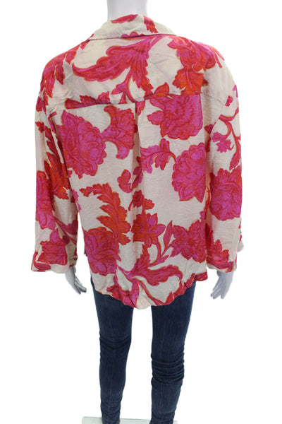 MNG Women Beige Floral Collared Button-Up Blouse 3/4 Sleeve Size 4