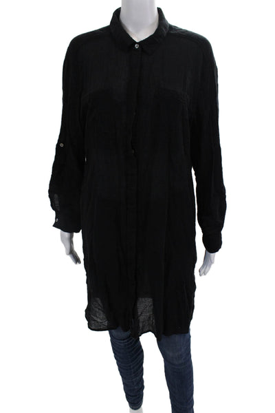 Seafolly Women Black Cotton Kaftan Shirt Dress Collared Long Sleeve Size S