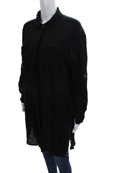 Seafolly Women Black Cotton Kaftan Shirt Dress Collared Long Sleeve Size S