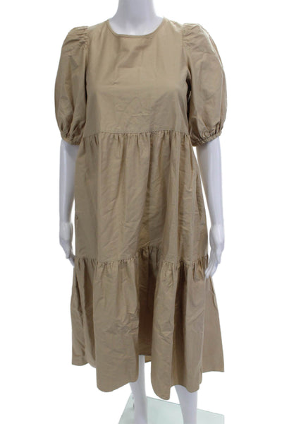 Zara Women A-Line Trapeze Swing Dress Beige 100% Cotton Short Sleeve Size M