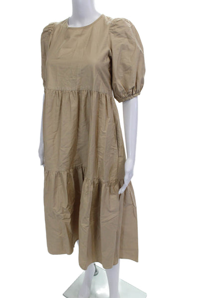 Zara Women A-Line Trapeze Swing Dress Beige 100% Cotton Short Sleeve Size M