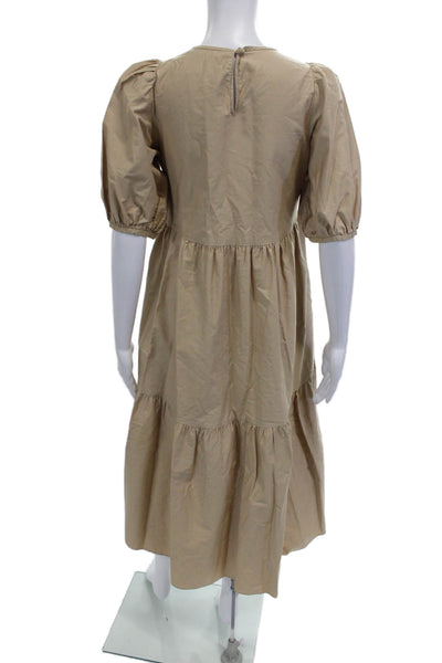 Zara Women A-Line Trapeze Swing Dress Beige 100% Cotton Short Sleeve Size M