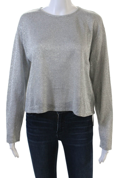 Zara Women Cropped Long Sleeve Top Gray 100% Cotton Crew Neck 80s Size M