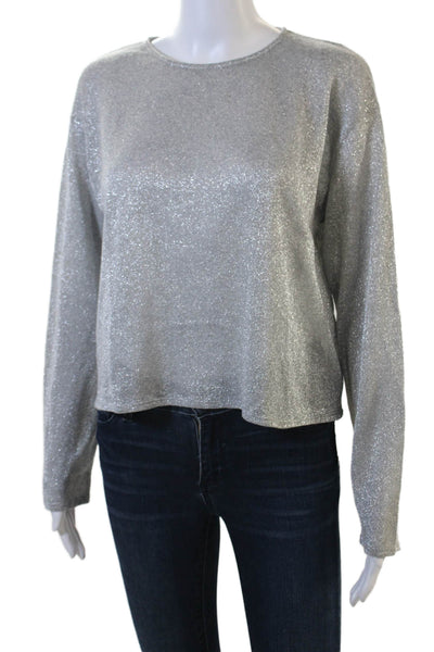Zara Women Cropped Long Sleeve Top Gray 100% Cotton Crew Neck 80s Size M