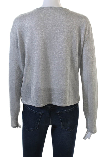 Zara Women Cropped Long Sleeve Top Gray 100% Cotton Crew Neck 80s Size M