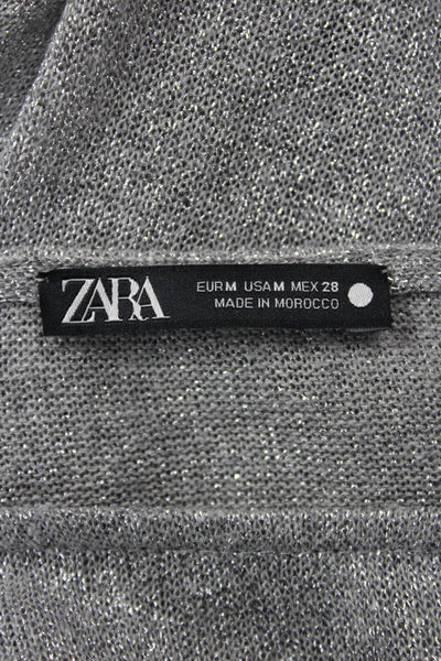 Zara Women Cropped Long Sleeve Top Gray 100% Cotton Crew Neck 80s Size M