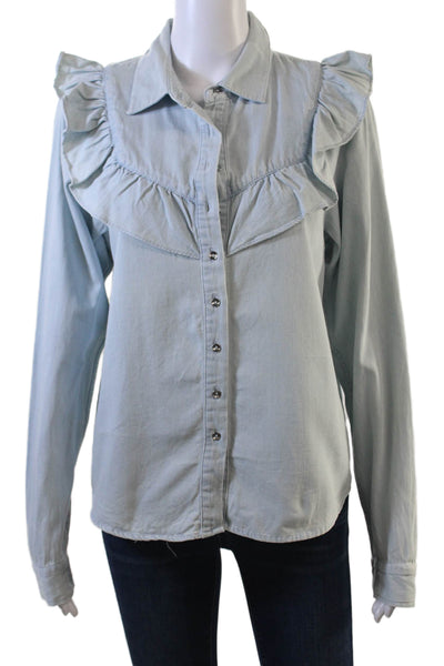 Intermix Women Light Blue Cotton Button-Up Blouse Long Sleeve Size L