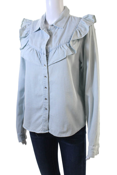 Intermix Women Light Blue Cotton Button-Up Blouse Long Sleeve Size L
