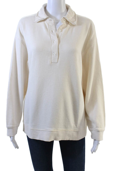 Zara Unisex Henley Sweatshirt Beige Linen Blend Collared Long Sleeve Size M
