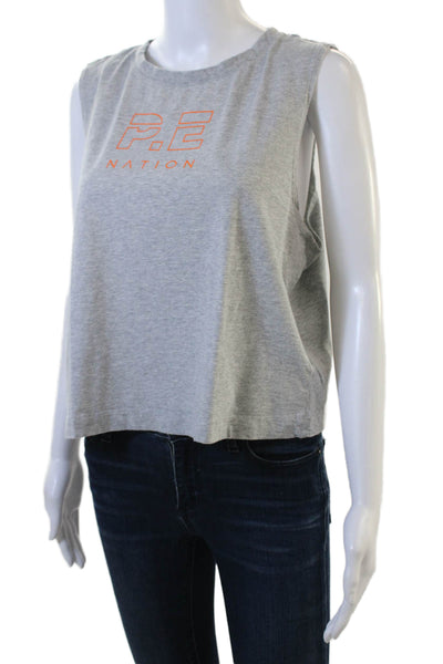 PE Nation Women Cropped Gray Graphic Tank 100% Cotton Crewneck Sports Size L