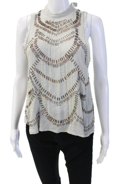 Free People Women White Rayon High Neck Sleeveless Geometric Tank Size XS