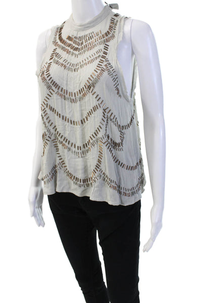 Free People Women White Rayon High Neck Sleeveless Geometric Tank Size XS