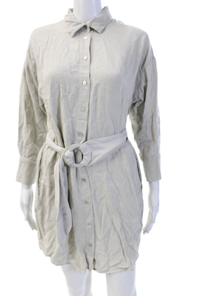 Zara Women Shirt Dress Beige Collared Long Sleeve Lyocell Buckle Size XS