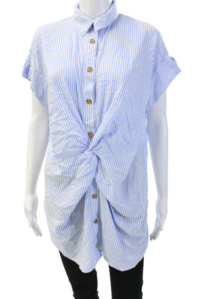 Zara Womens Tunic Blouse Light Blue Striped Collared Short Sleeve Size XS