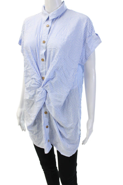 Zara Womens Tunic Blouse Light Blue Striped Collared Short Sleeve Size XS