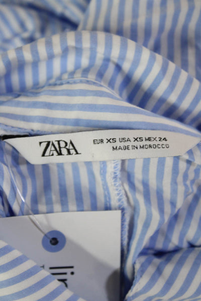 Zara Womens Tunic Blouse Light Blue Striped Collared Short Sleeve Size XS