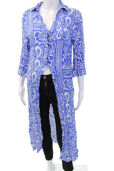 Zara Women Kimono Tunic Button Blue Paisley Collar 3/4 Sleeve Size XS