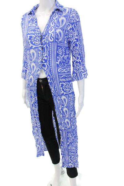 Zara Women Kimono Tunic Button Blue Paisley Collar 3/4 Sleeve Size XS