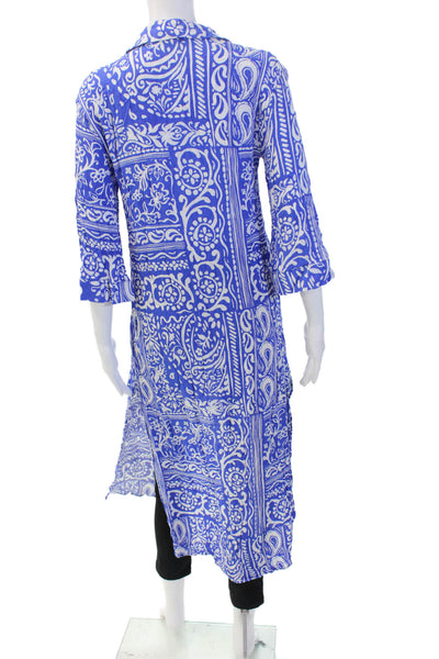 Zara Women Kimono Tunic Button Blue Paisley Collar 3/4 Sleeve Size XS