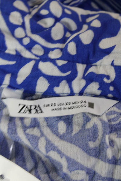Zara Women Kimono Tunic Button Blue Paisley Collar 3/4 Sleeve Size XS