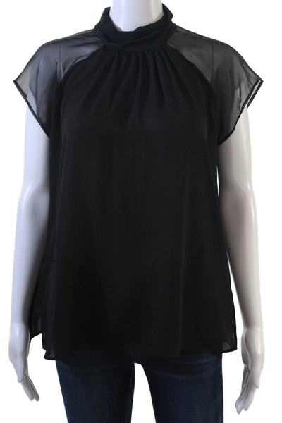 Lola And Sophie Womens Black Mock Neck Button Short Sleeve Blouse Size S