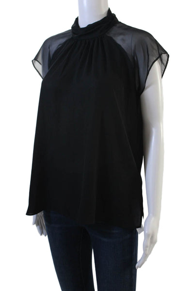Lola And Sophie Womens Black Mock Neck Button Short Sleeve Blouse Size S