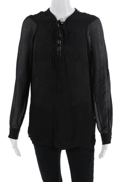 L'Agence Women Bohemian Black 100% Silk Lace-Up Long Sleeve Blouse Size S