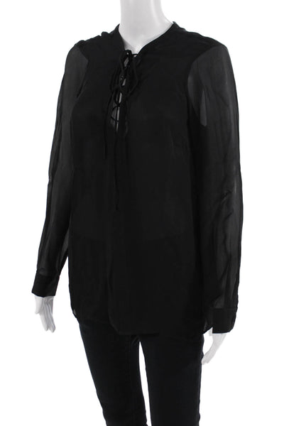 L'Agence Women Bohemian Black 100% Silk Lace-Up Long Sleeve Blouse Size S