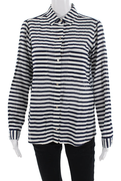 Zara Basic Women Dark Blue Striped Collared Button-Up Long Sleeve Size S