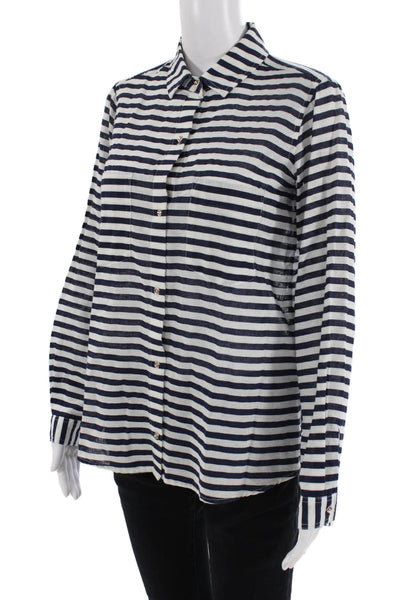Zara Basic Women Dark Blue Striped Collared Button-Up Long Sleeve Size S
