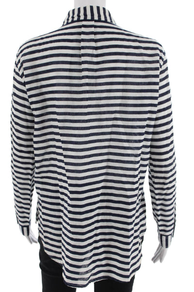 Zara Basic Women Dark Blue Striped Collared Button-Up Long Sleeve Size S