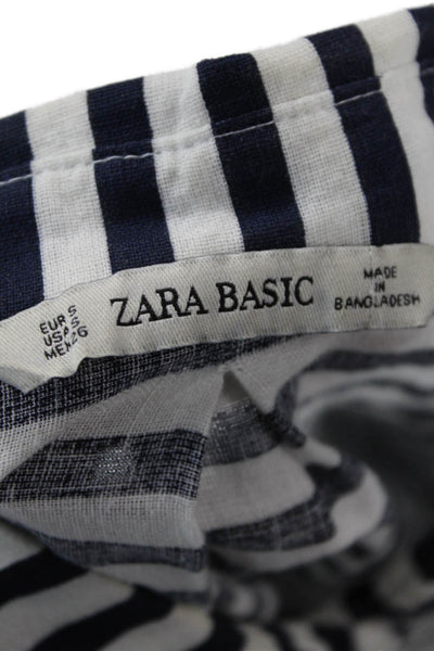 Zara Basic Women Dark Blue Striped Collared Button-Up Long Sleeve Size S