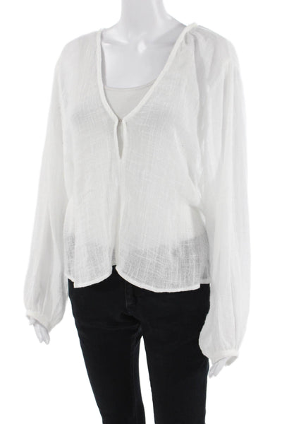 Enza Costa Womens White V-Neck Long Sleeve Boho Blouse Size 3