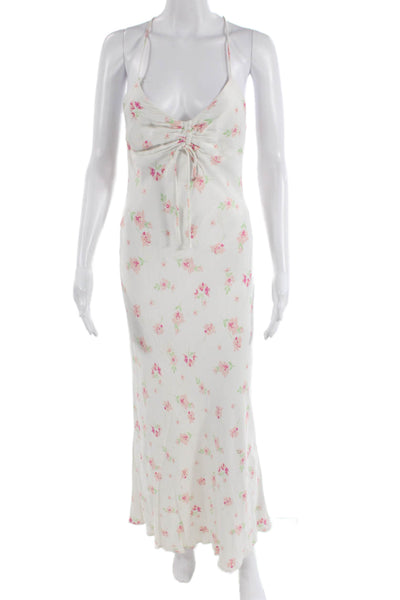 Zara Women Maxi Slip Dress White Floral V-Neck Drawstring Size S
