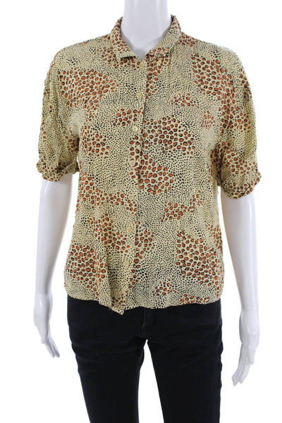 Society Amuse Women Beige Animal Print Button-Up Blouse Short-Sleeve Size XS