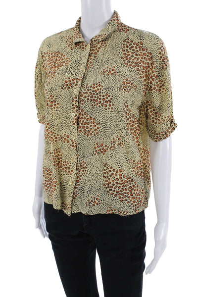 Society Amuse Women Beige Animal Print Button-Up Blouse Short-Sleeve Size XS