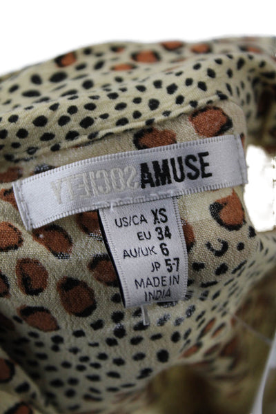Society Amuse Women Beige Animal Print Button-Up Blouse Short-Sleeve Size XS