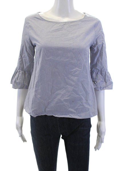 Madewell Women Blue Striped 3/4 Sleeve Round Neck Cotton Basic Blouse Size XS