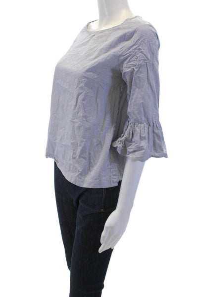 Madewell Women Blue Striped 3/4 Sleeve Round Neck Cotton Basic Blouse Size XS