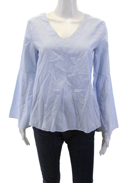 Zara Woman Women Light Blue Striped V-Neck Long Sleeve Blouse Size S