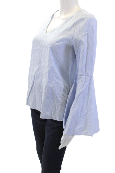 Zara Woman Women Light Blue Striped V-Neck Long Sleeve Blouse Size S