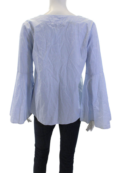 Zara Woman Women Light Blue Striped V-Neck Long Sleeve Blouse Size S