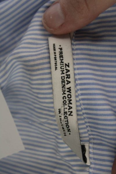 Zara Woman Women Light Blue Striped V-Neck Long Sleeve Blouse Size S