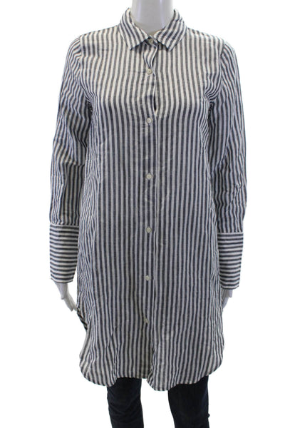 J Crew Women Black Striped Linen-Cotton Tunic Button-Up Long Sleeve Size XS