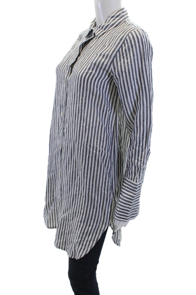 J Crew Women Black Striped Linen-Cotton Tunic Button-Up Long Sleeve Size XS
